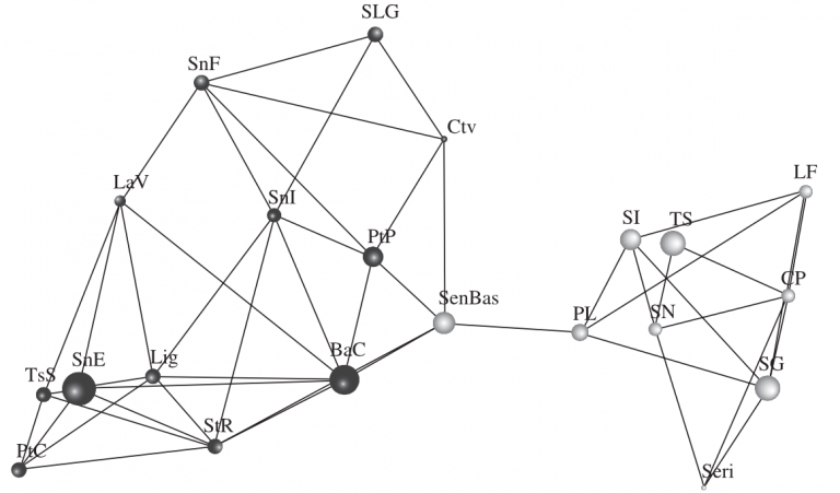 A network of population genetic covariance, as defined using the PopulationGraphs approach.