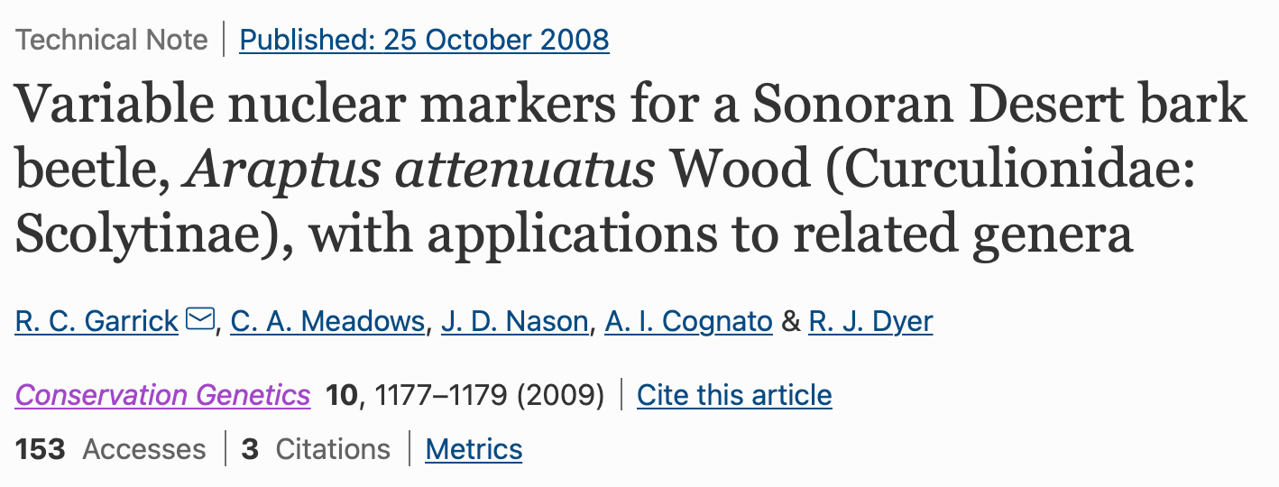 Variable nuclear markers for a Sonoran Desert bark beetle, Araptus attenuatus Wood (Curculionidae: Scolytinae), with applications to related genera